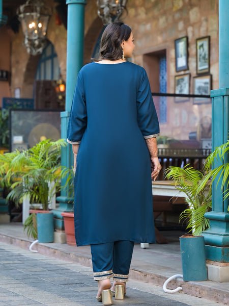 Blue Printed Rayon Kurta Pant Dupatta Set for Women (Plus Size)