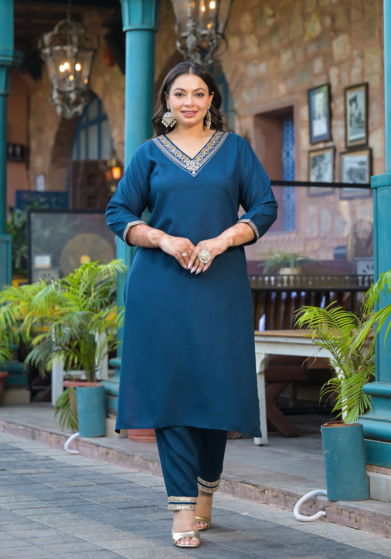 Blue Printed Rayon Kurta Pant Dupatta Set for Women (Plus Size)