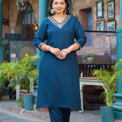 Blue Printed Rayon Kurta Pant Dupatta Set for Women (Plus Size)