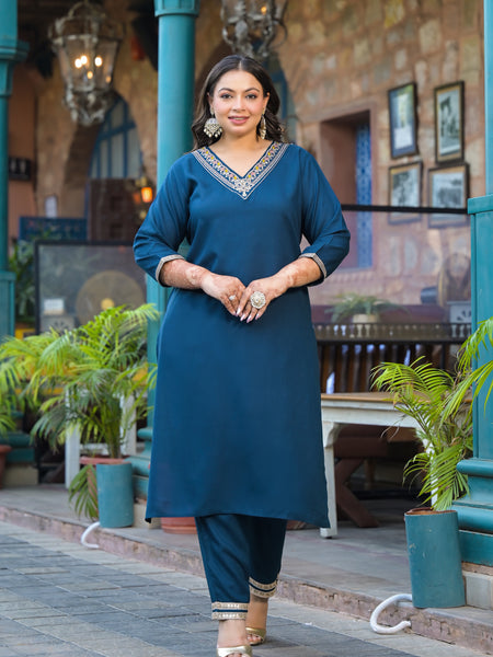 Blue Printed Rayon Kurta Pant Dupatta Set for Women (Plus Size)