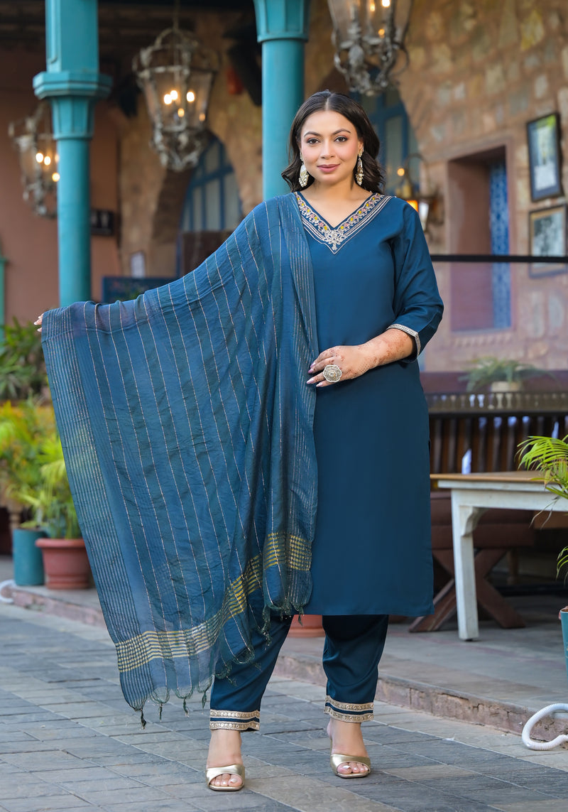 Blue Printed Rayon Kurta Pant Dupatta Set for Women (Plus Size)