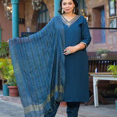 Blue Printed Rayon Kurta Pant Dupatta Set for Women (Plus Size)
