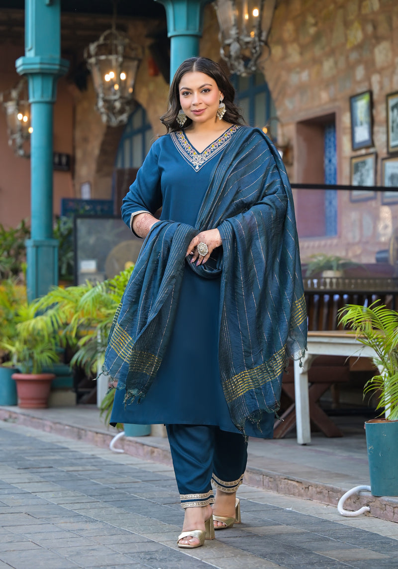 Blue Printed Rayon Kurta Pant Dupatta Set for Women (Plus Size)