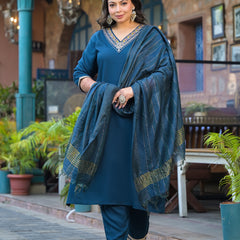 Blue Printed Rayon Kurta Pant Dupatta Set for Women (Plus Size)