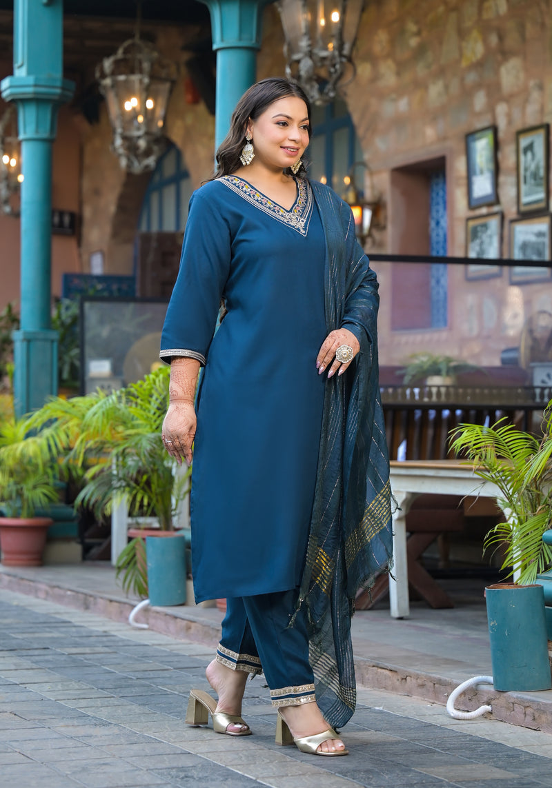 Blue Printed Rayon Kurta Pant Dupatta Set for Women (Plus Size)