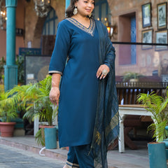 Blue Printed Rayon Kurta Pant Dupatta Set for Women (Plus Size)