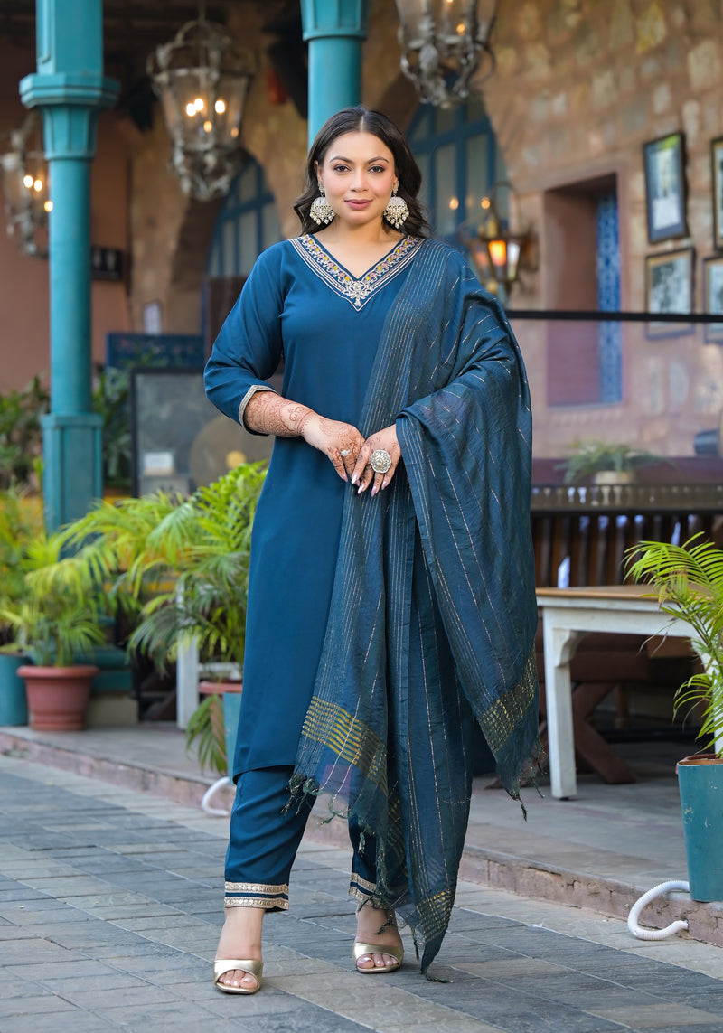 Blue Printed Rayon Kurta Pant Dupatta Set for Women (Plus Size)
