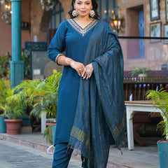 Blue Printed Rayon Kurta Pant Dupatta Set for Women (Plus Size)