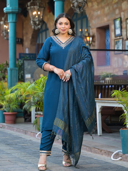Blue Printed Rayon Kurta Pant Dupatta Set for Women (Plus Size)