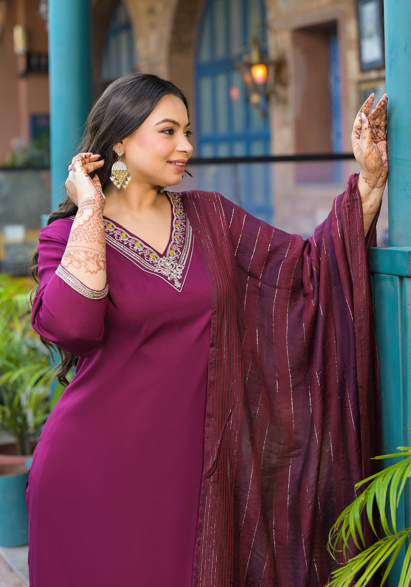 Maroon Printed Rayon Kurta Pant Dupatta Set for Women (Plus Size)