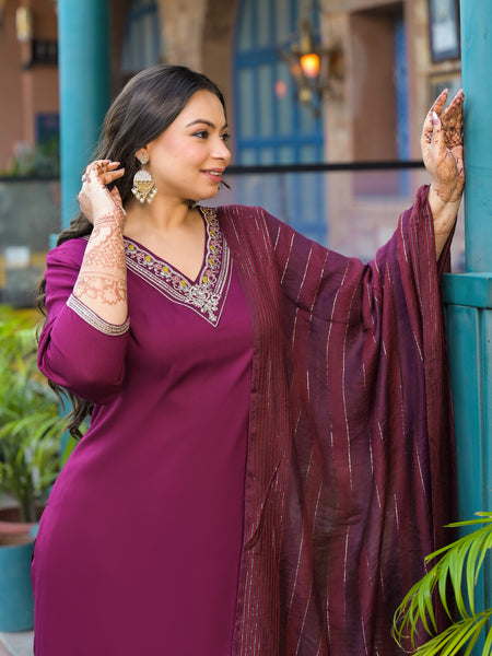 Maroon Printed Rayon Kurta Pant Dupatta Set for Women (Plus Size)