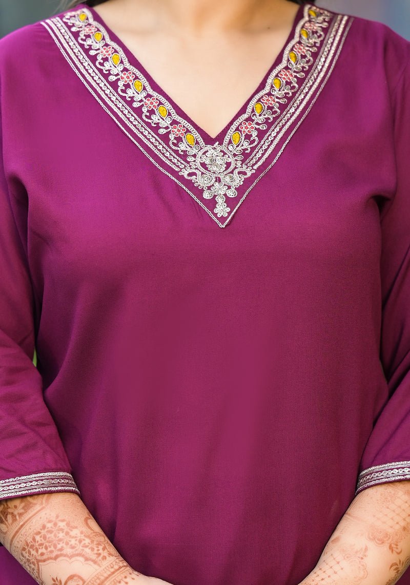 Maroon Printed Rayon Kurta Pant Dupatta Set for Women (Plus Size)