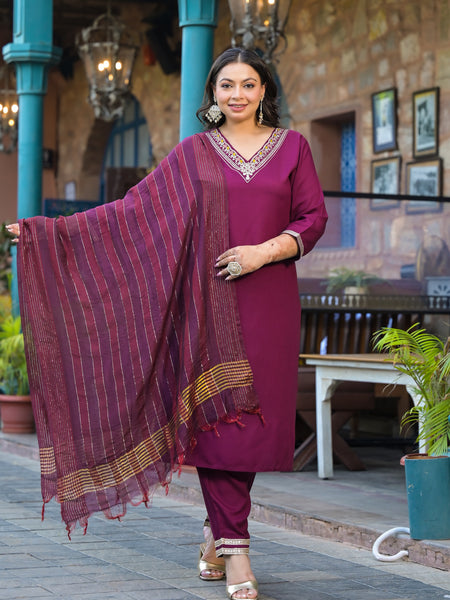 Maroon Printed Rayon Kurta Pant Dupatta Set for Women (Plus Size)