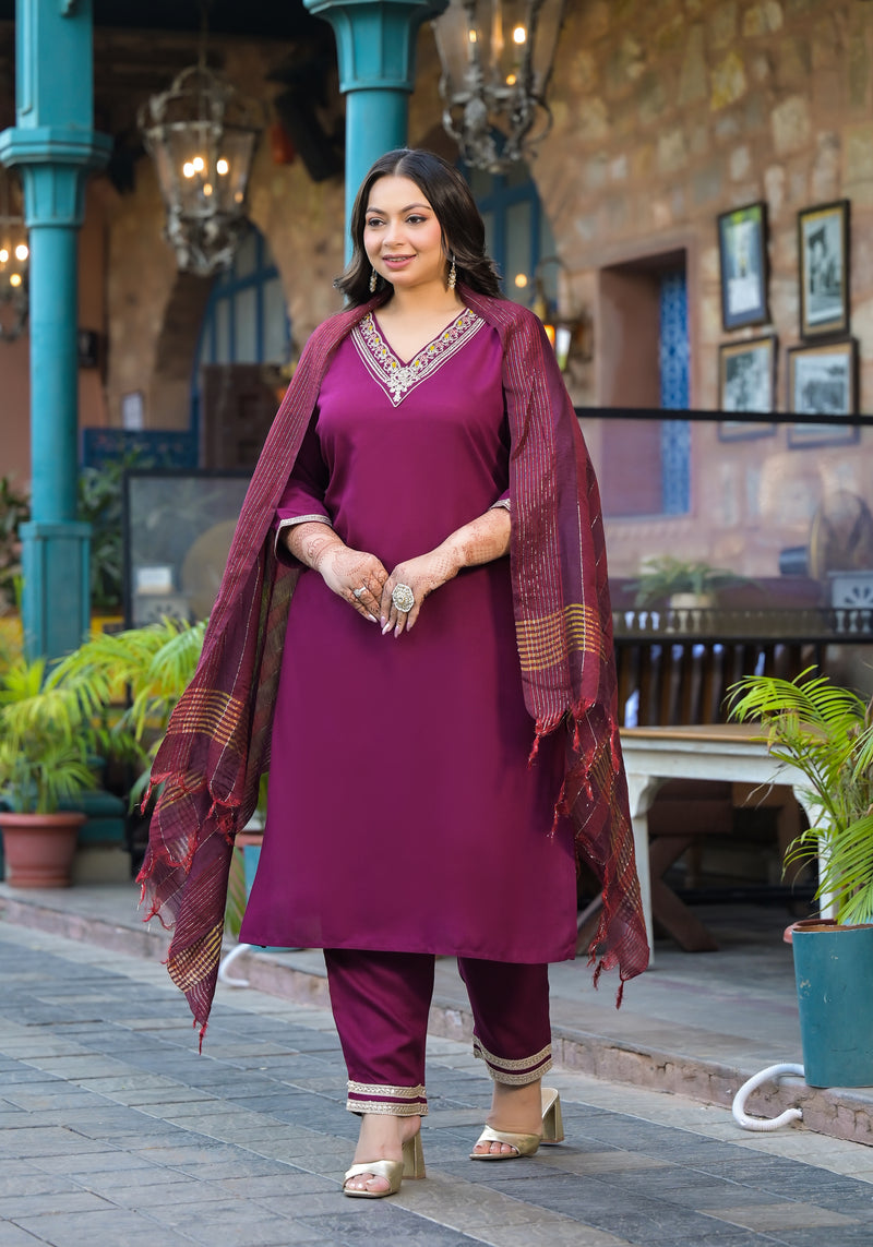 Maroon Printed Rayon Kurta Pant Dupatta Set for Women (Plus Size)
