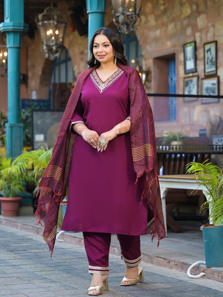 Maroon Printed Rayon Kurta Pant Dupatta Set for Women (Plus Size)