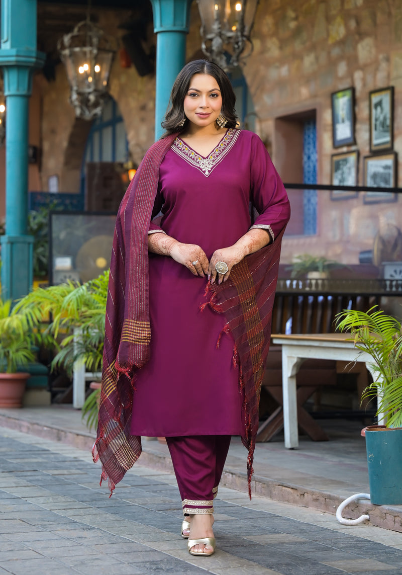 Maroon Printed Rayon Kurta Pant Dupatta Set for Women (Plus Size)