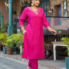 Rani Pink Printed Rayon Kurta Pant Dupatta Set for Women (Plus Size)