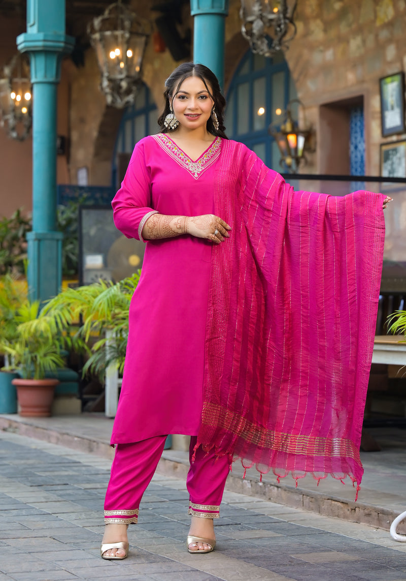 Rani Pink Printed Rayon Kurta Pant Dupatta Set for Women (Plus Size)