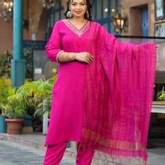 Rani Pink Printed Rayon Kurta Pant Dupatta Set for Women (Plus Size)