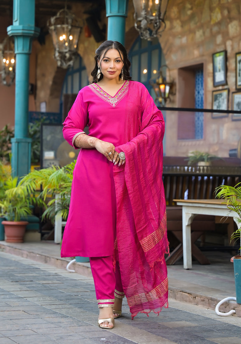 Rani Pink Printed Rayon Kurta Pant Dupatta Set for Women (Plus Size)