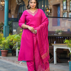 Rani Pink Printed Rayon Kurta Pant Dupatta Set for Women (Plus Size)