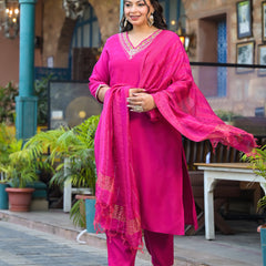 Rani Pink Printed Rayon Kurta Pant Dupatta Set for Women (Plus Size)
