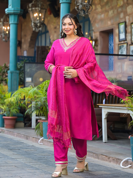 Rani Pink Printed Rayon Kurta Pant Dupatta Set for Women (Plus Size)