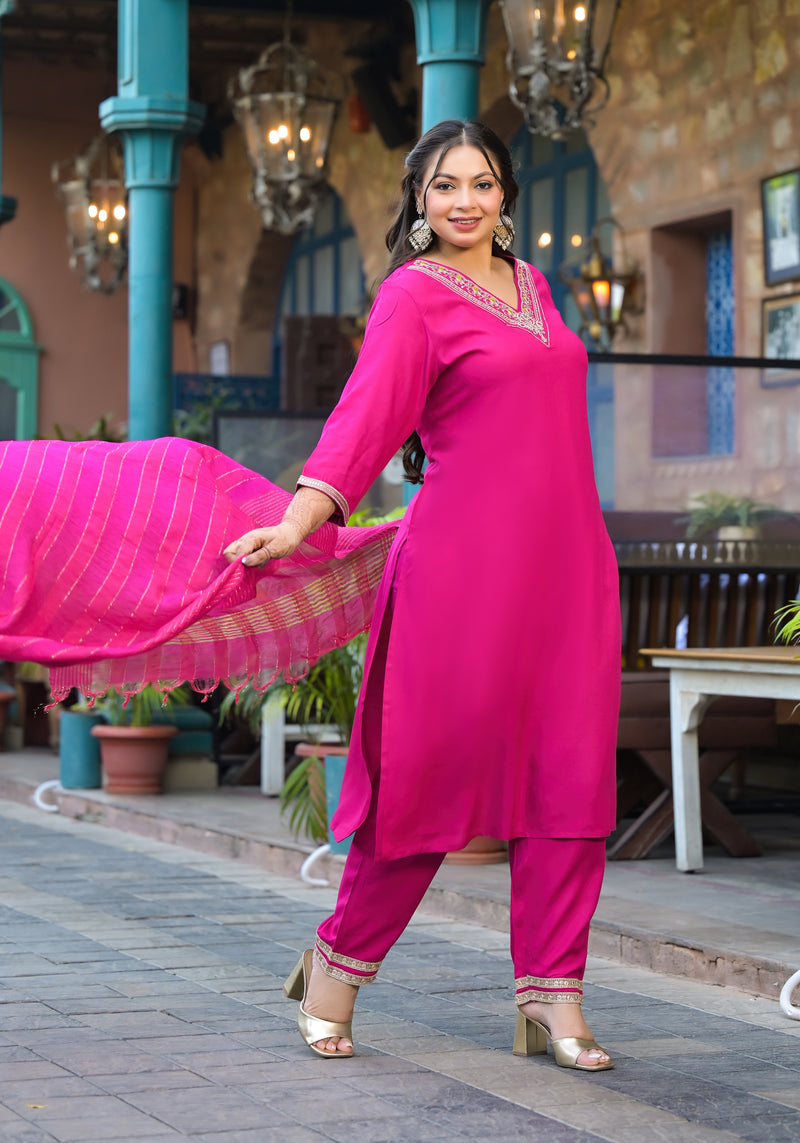 Rani Pink Printed Rayon Kurta Pant Dupatta Set for Women (Plus Size)