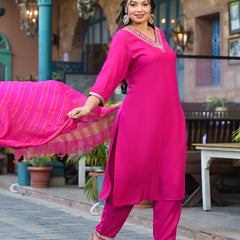 Rani Pink Printed Rayon Kurta Pant Dupatta Set for Women (Plus Size)