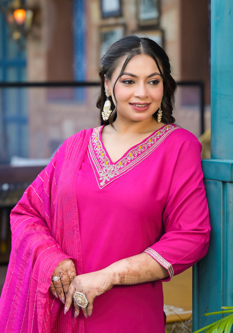 Rani Pink Printed Rayon Kurta Pant Dupatta Set for Women (Plus Size)