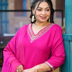 Rani Pink Printed Rayon Kurta Pant Dupatta Set for Women (Plus Size)