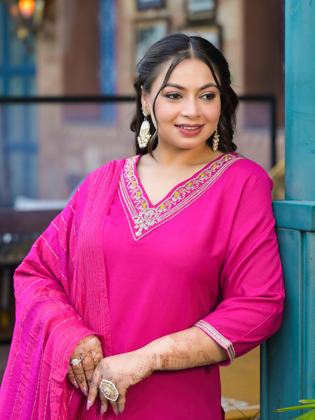 Rani Pink Printed Rayon Kurta Pant Dupatta Set for Women (Plus Size)