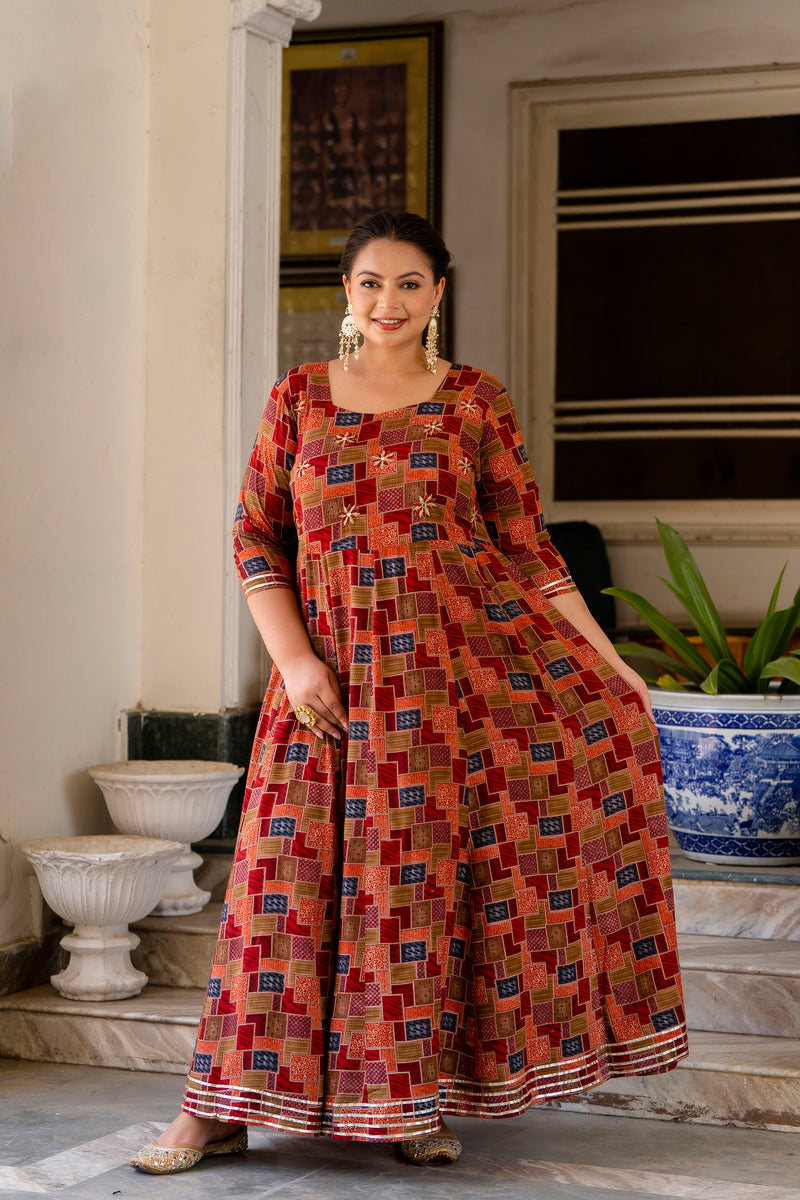 Maroon Modal Printed Anarkali Kurti (Plus Size)