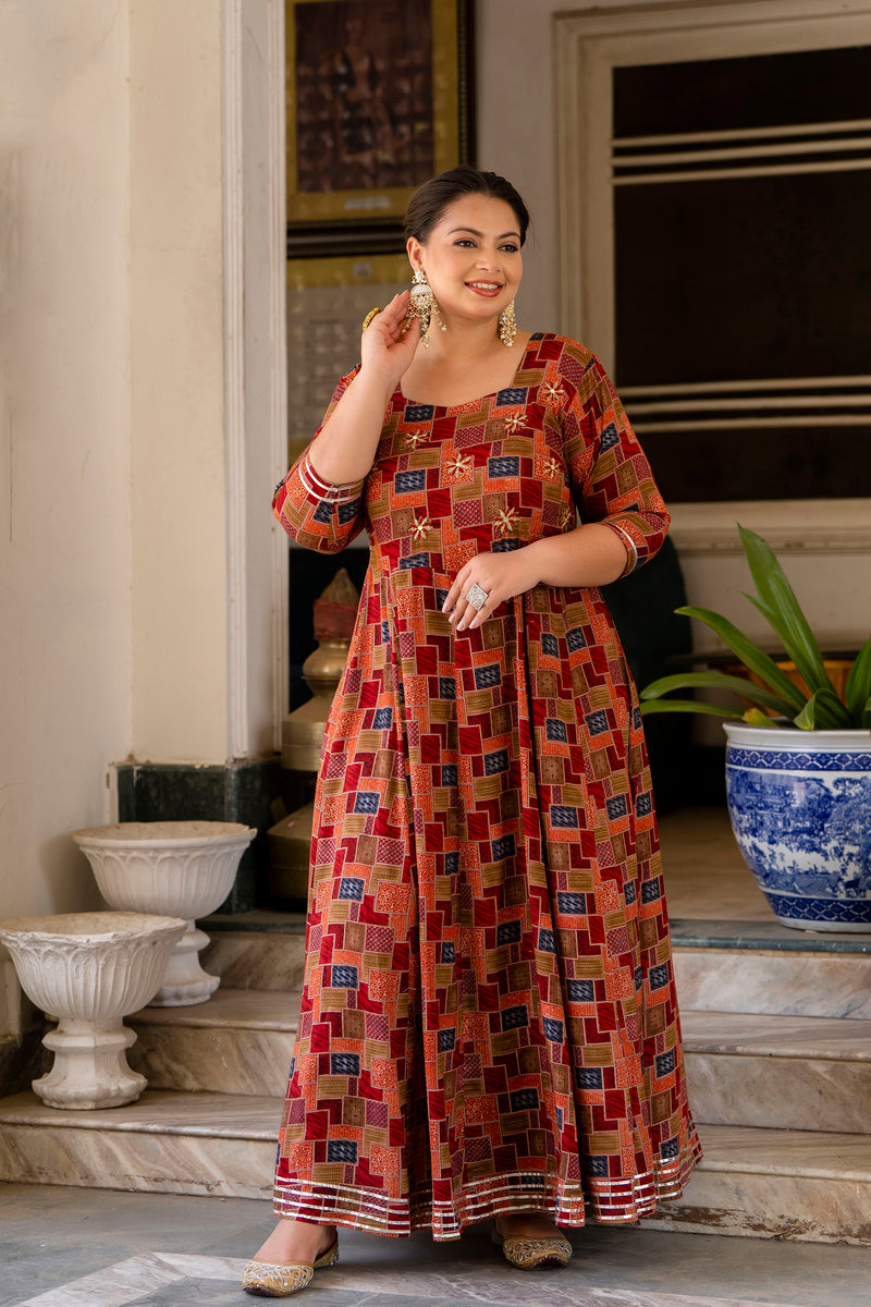 Maroon Modal Printed Anarkali Kurti (Plus Size)