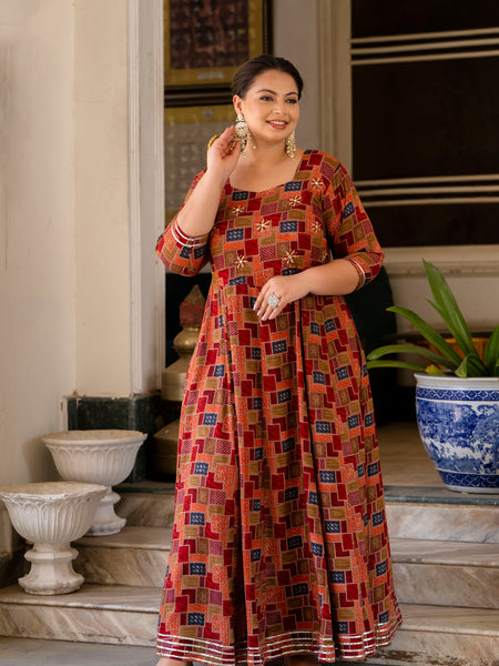 Maroon Modal Printed Anarkali Kurti (Plus Size)