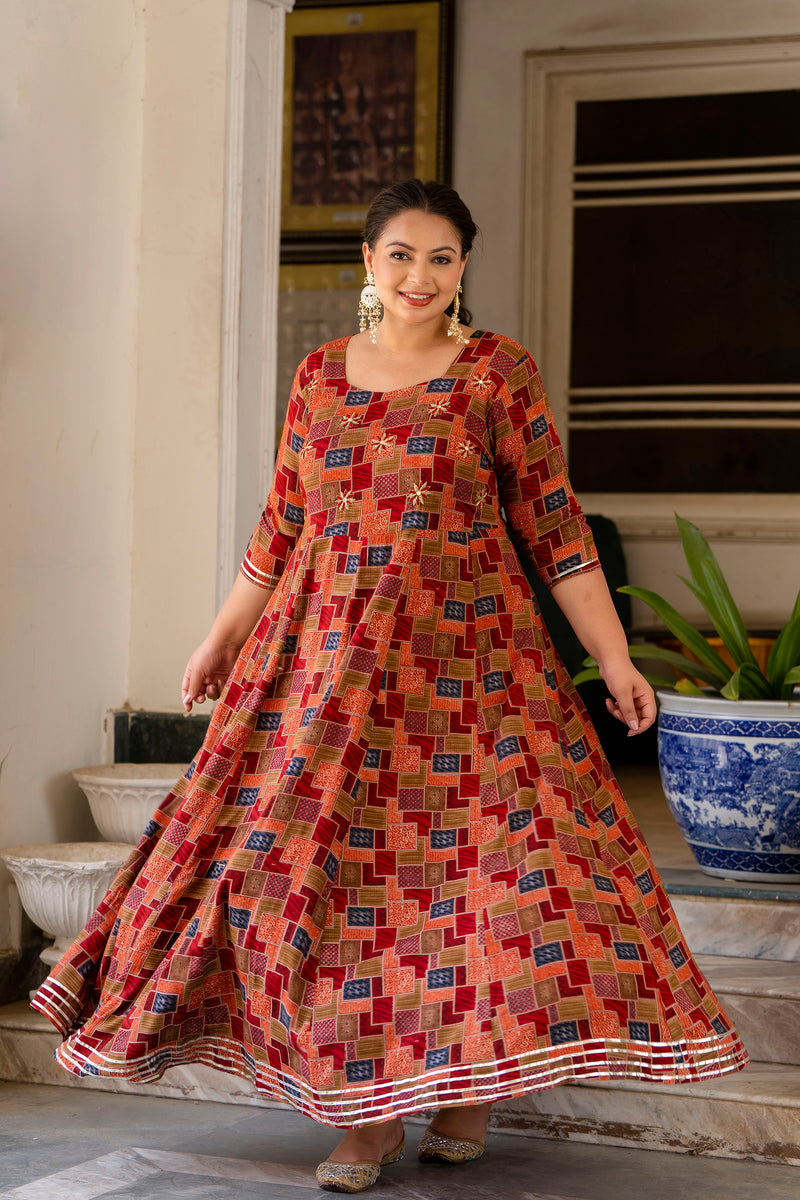 Maroon Modal Printed Anarkali Kurti (Plus Size)