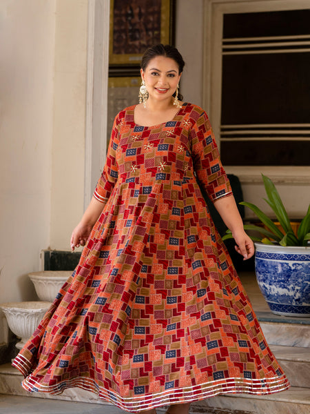 Maroon Modal Printed Anarkali Kurti (Plus Size)