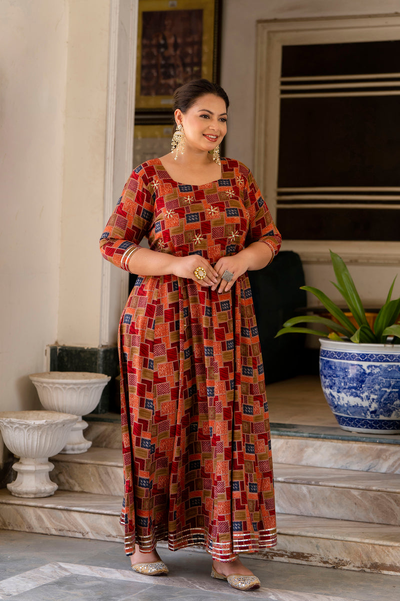 Maroon Modal Printed Anarkali Kurti (Plus Size)