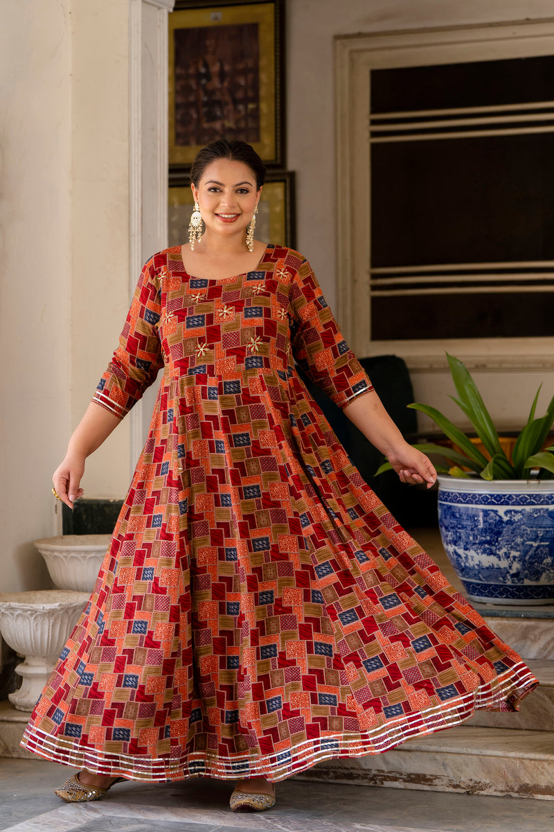 Maroon Modal Printed Anarkali Kurti (Plus Size)