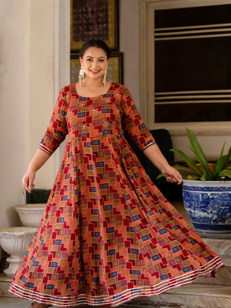Maroon Modal Printed Anarkali Kurti (Plus Size)