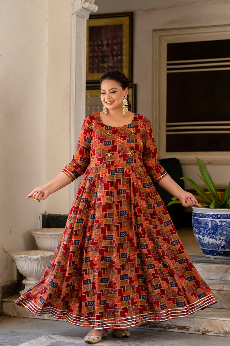 Maroon Modal Printed Anarkali Kurti (Plus Size)