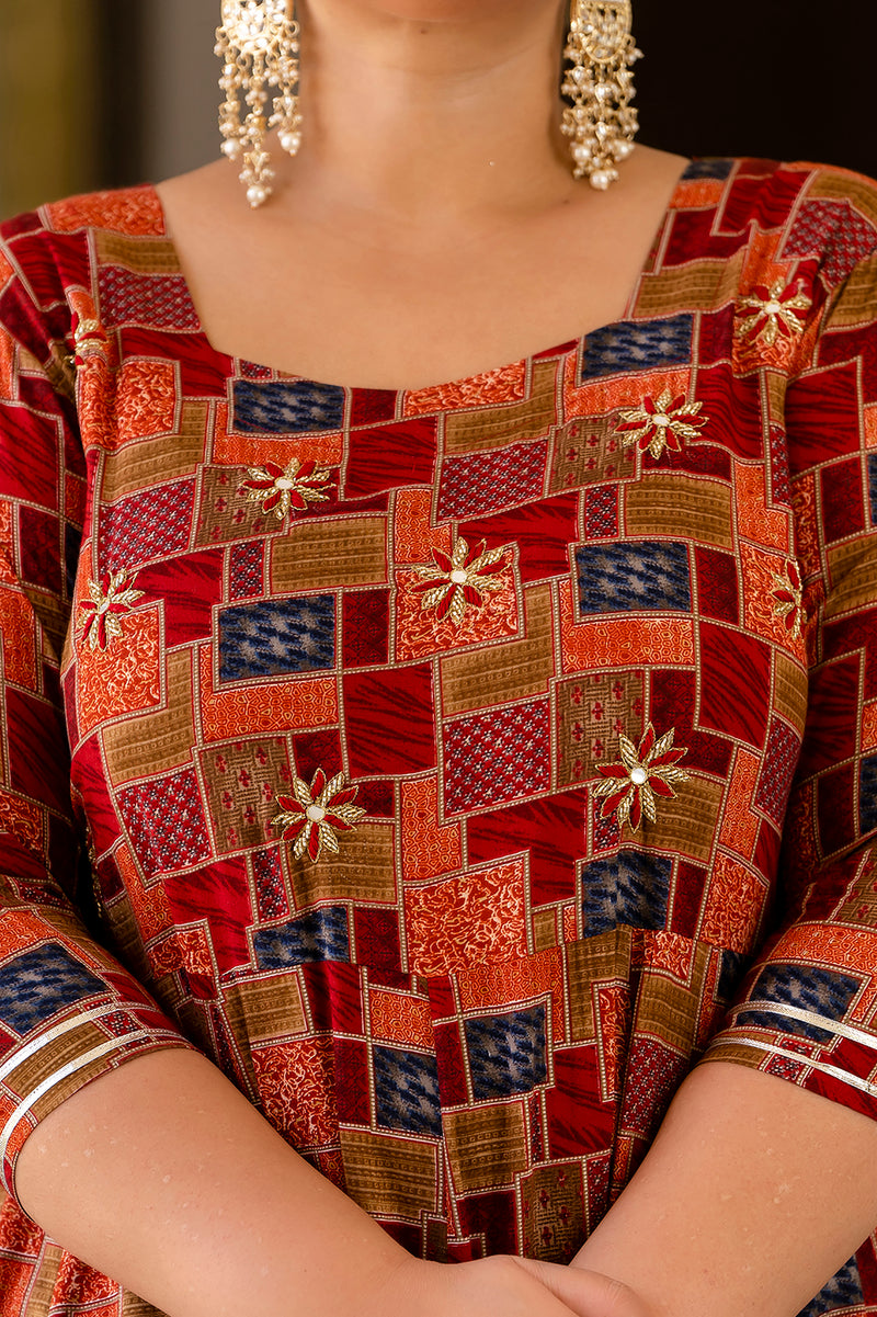 Maroon Modal Printed Anarkali Kurti (Plus Size)