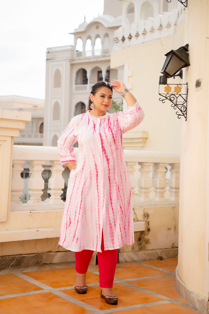 Rayon Printed Pink Calf-Length Kurti with Three Quarter Sleeves (Plus Size)