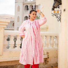 Rayon Printed Pink Calf-Length Kurti with Three Quarter Sleeves (Plus Size)