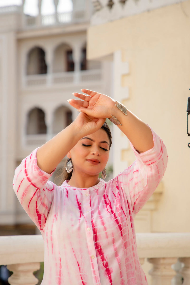 Rayon Printed Pink Calf-Length Kurti with Three Quarter Sleeves (Plus Size)