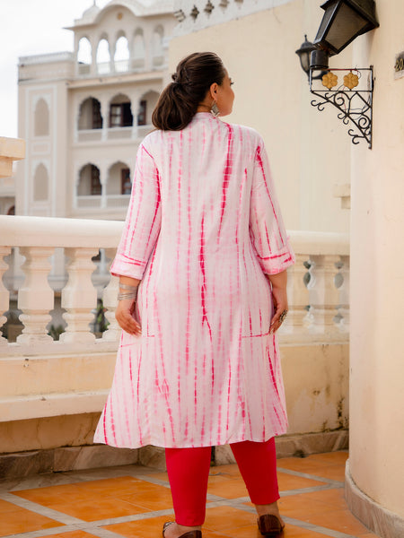 Rayon Printed Pink Calf-Length Kurti with Three Quarter Sleeves (Plus Size)