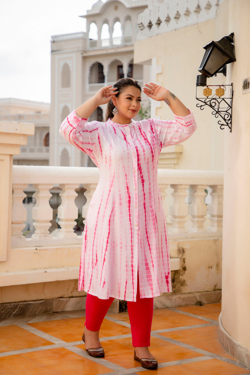 Rayon Printed Pink Calf-Length Kurti with Three Quarter Sleeves (Plus Size)