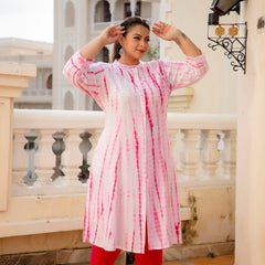 Rayon Printed Pink Calf-Length Kurti with Three Quarter Sleeves (Plus Size)