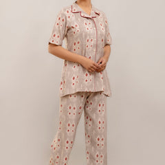 Elegant Beige Floral Lounge Wear Set