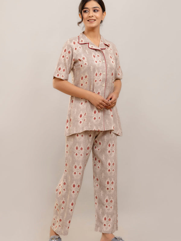 Elegant Beige Floral Lounge Wear Set